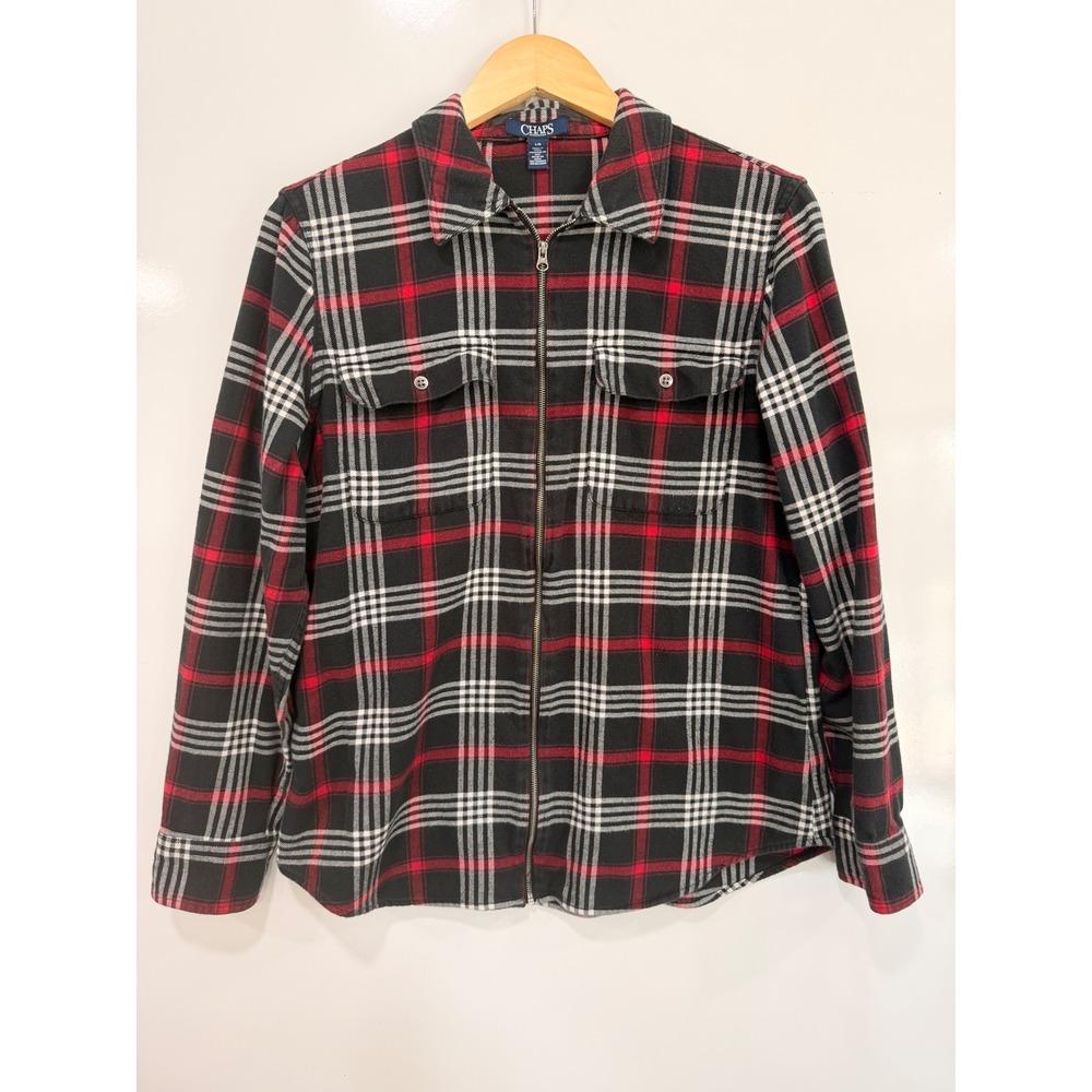 Chaps Womens Red Black Plaid Full Zip Flannel Shirt Jacket Cotton Large